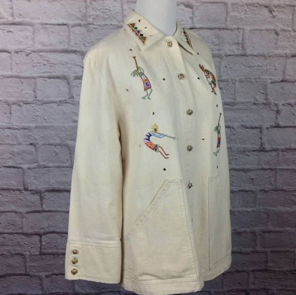 Cactus Jacket Western  Women Large Button Ivory Embroidered Embellished Pockets - Picture 9 of 17